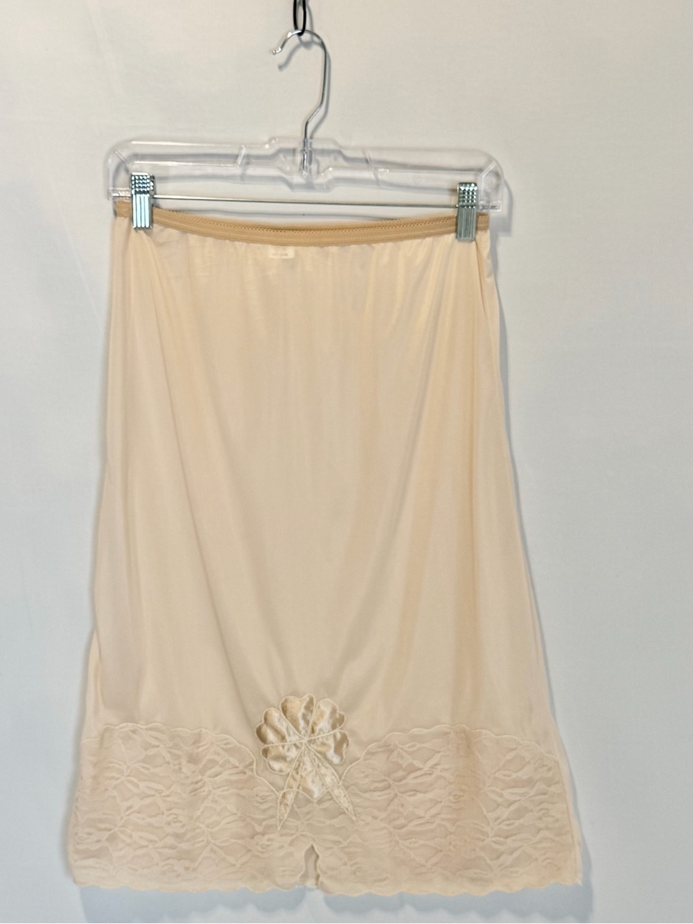 VINTAGE lace floral nylon lingerie skirt dress slip beige elastic waist midi 80s - Picture 4 of 10